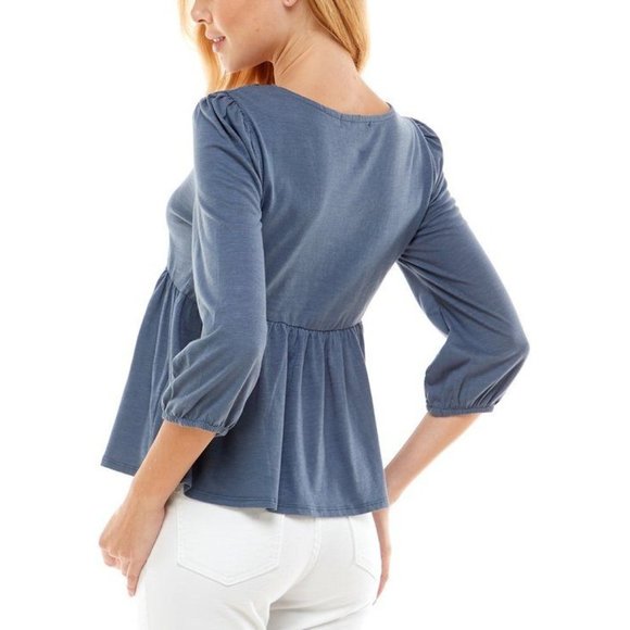 DEREK HEART Vintage Indigo Three-Quarter Sleeve Peplum Top - Small - Picture 2 of 4